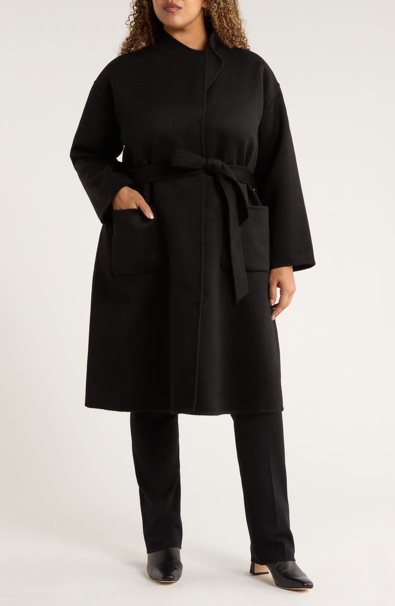 Eileen Fisher Belted Stand Collar Wool Coat, Alternate, color, Black