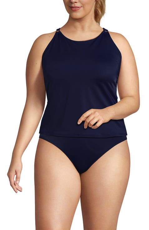 Plus Size Tugless High Neck Strappy Back Tankini Top