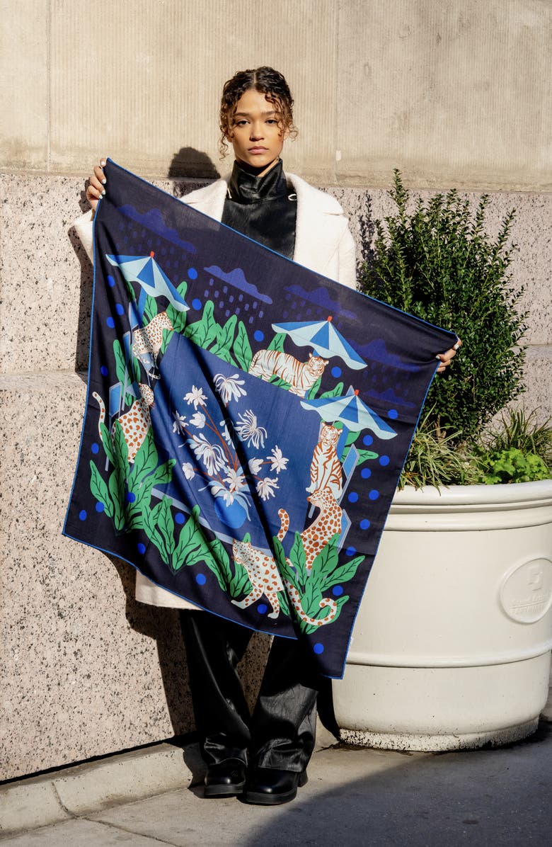 Jessie Zhao New York Double Sided Wool Silk Scarf Of Night Banquet, Alternate, color, Blue