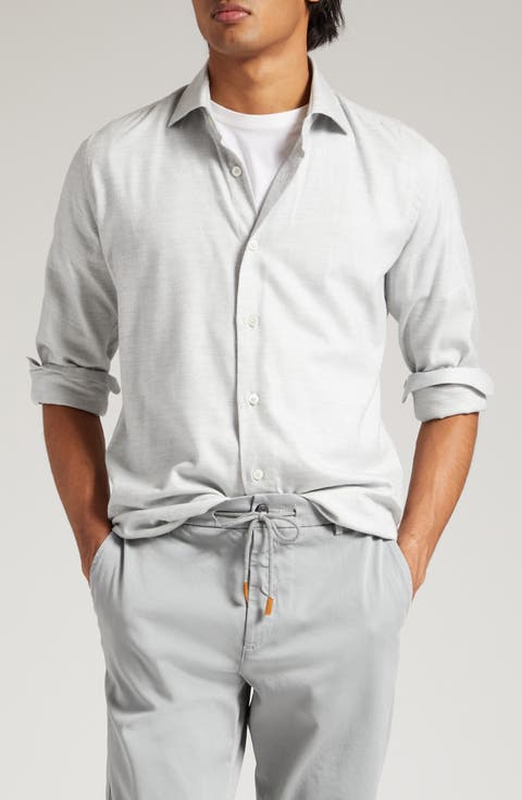 Herringbone Cotton Blend Button-Up Shirt