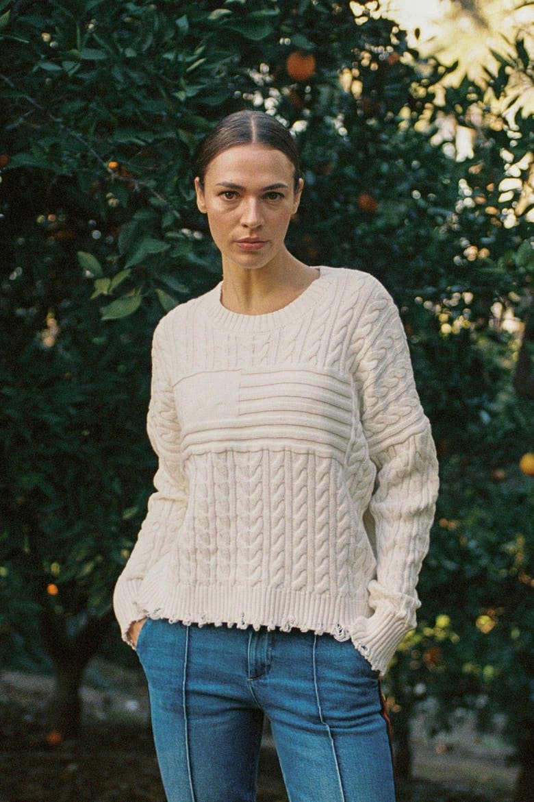 Rania Long Sleeve Crew Neck Cable Sweater, Alternate, color, Off White