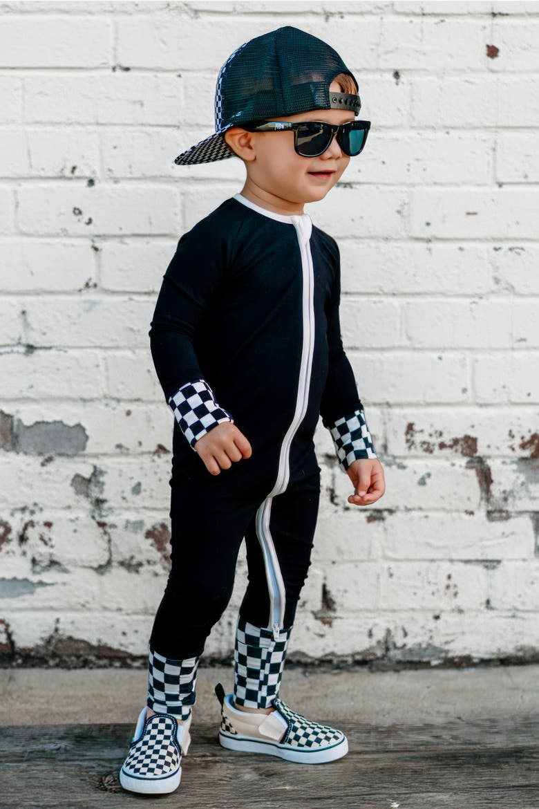 Checked Out Snoozer Convertible Footie Pajama, Alternate, color, Black White Checker