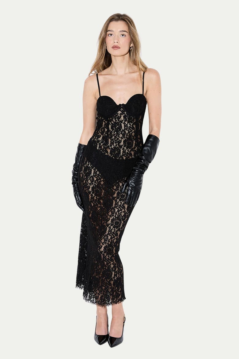 Premium Bustier Corded Lace Midi Dress, Alternate, color, Black