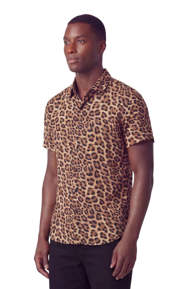 Lords of Harlech Leopard Mens Merino Wool Button-up Shirt, Alternate, color, Leopard Brown