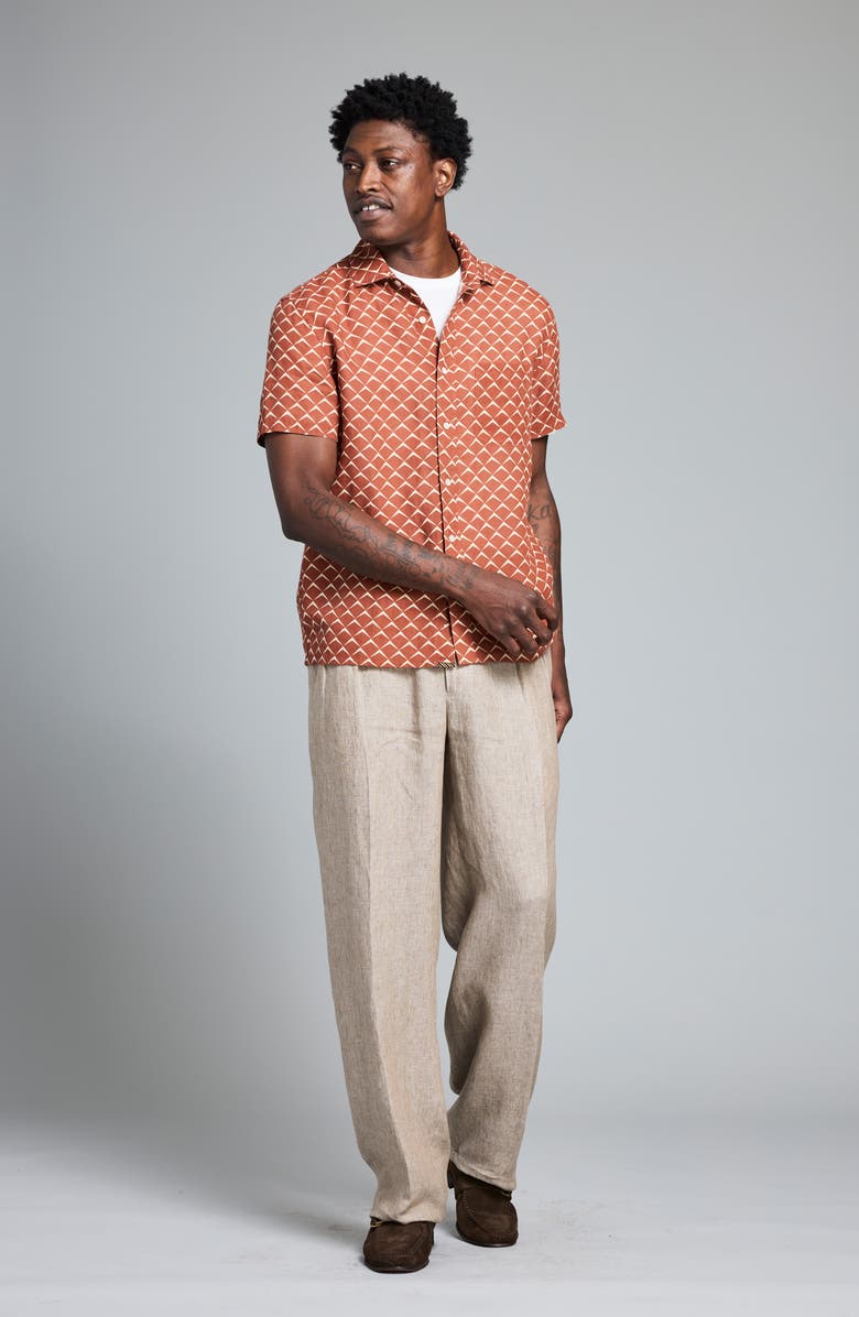 Billy Reid Pagoda Short Sleeve Linen Button-Up Shirt, Alternate, color, Umber