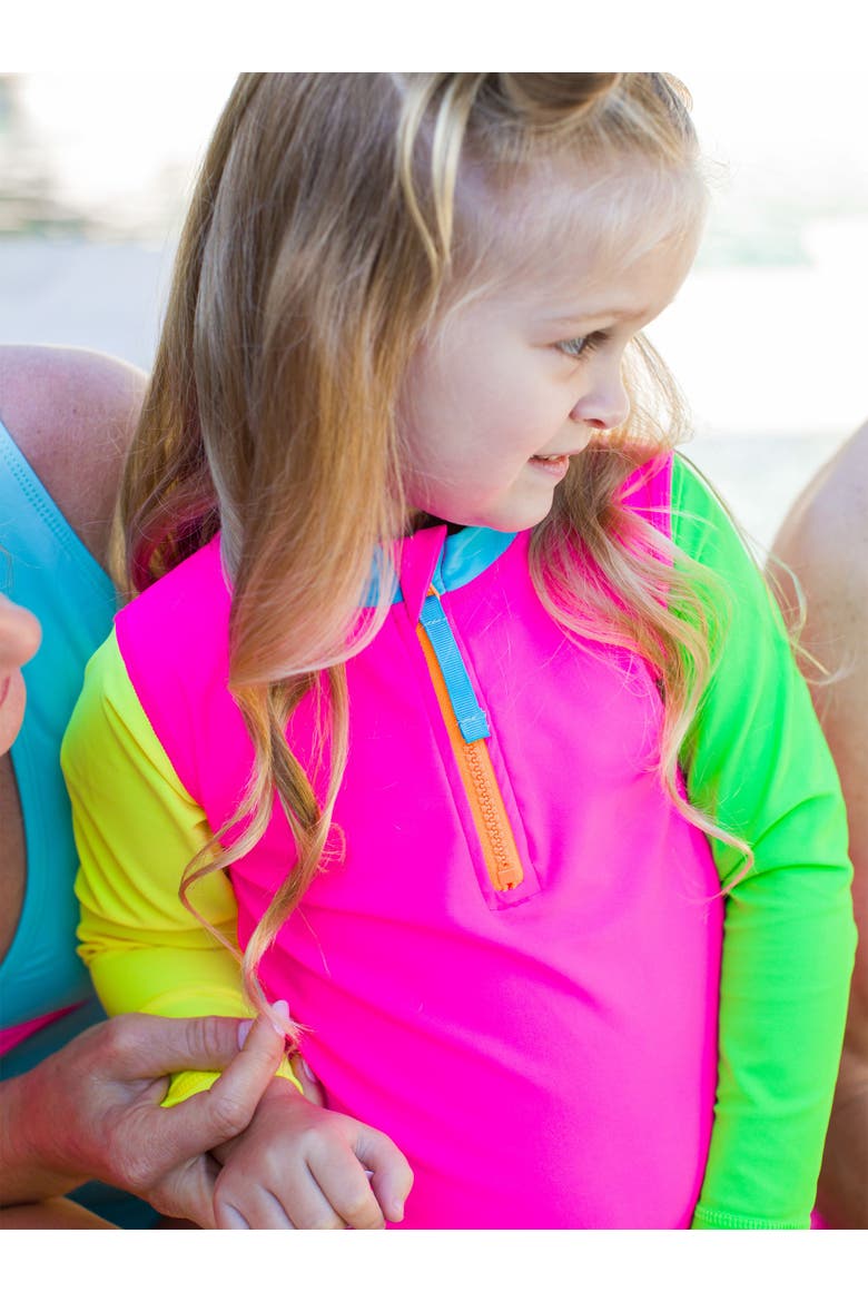 Toddler Girls UPF50+ Long Sleeve Zipper Rash Guard 2-Piece, Alternate, color, Neon Color Block