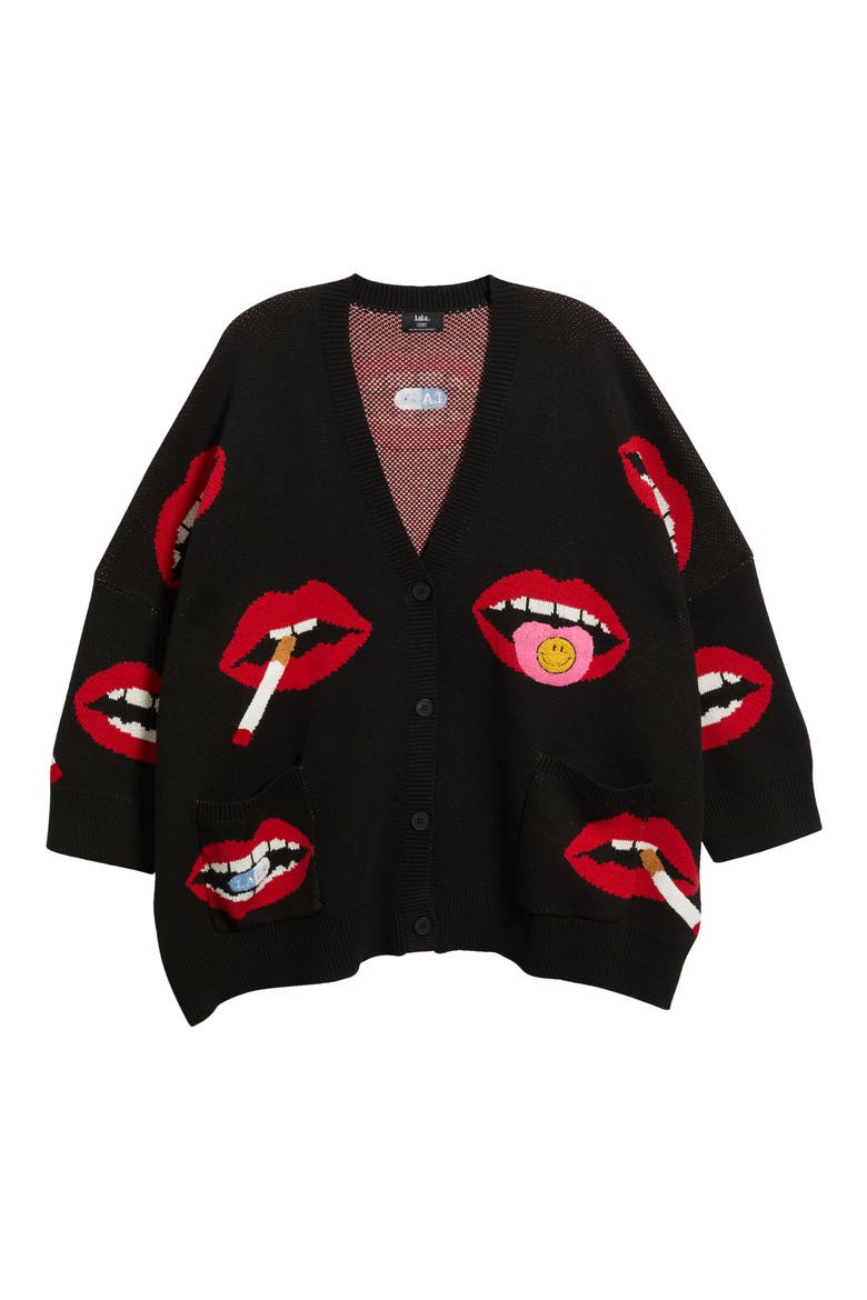 Smoking Mouth Oversize Cardigan, Alternate, color, BLACK