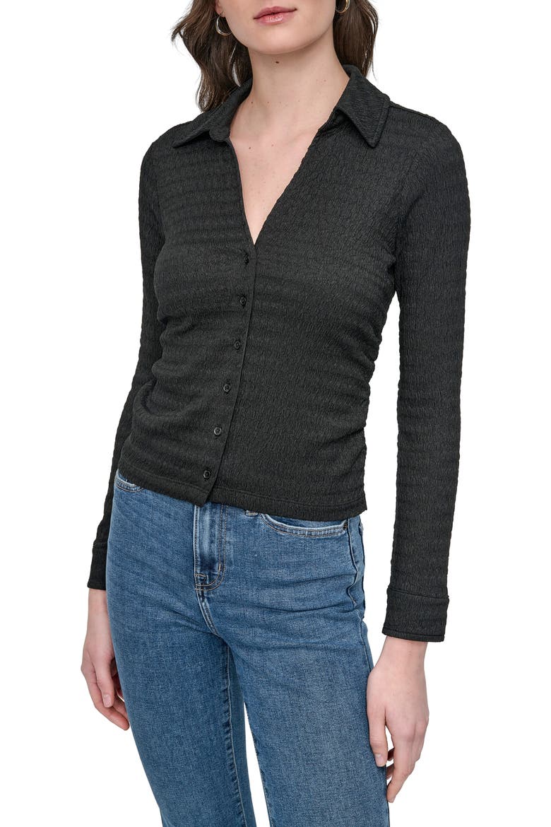 Slim Fit Ripple Lace Johnny Collar Top, Main, color, BLACK
