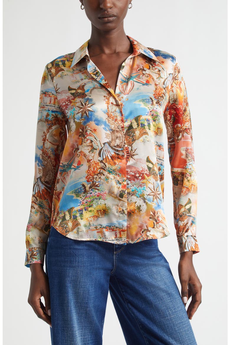 Tyler Collage Print Silk Button-Up Shirt, Main, color, IVORY MULTI COLLAGE