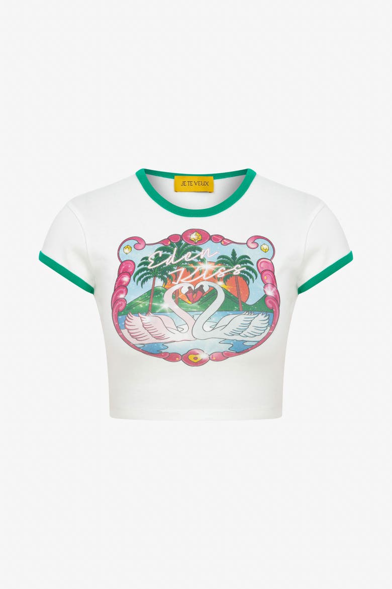 Eden Kiss Swan Print Crop Baby Tee, Alternate, color, White