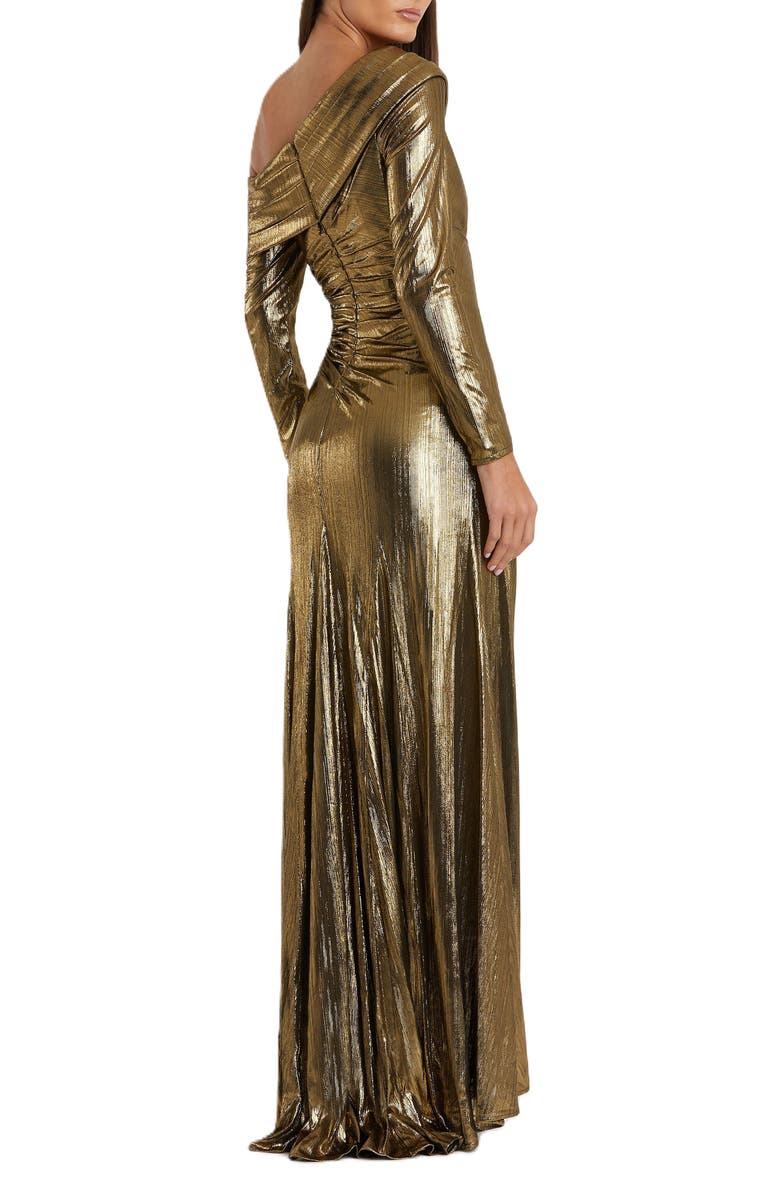 Mac Duggal Long Sleeve Off the Shoulder Metallic Gown, Alternate, color, Antique Gold