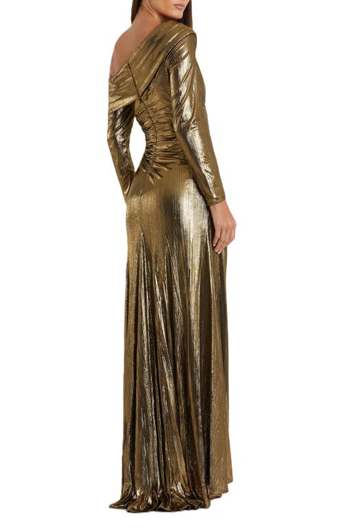 Mac Duggal Long Sleeve Off The Shoulder Metallic Gown In Antique Gold