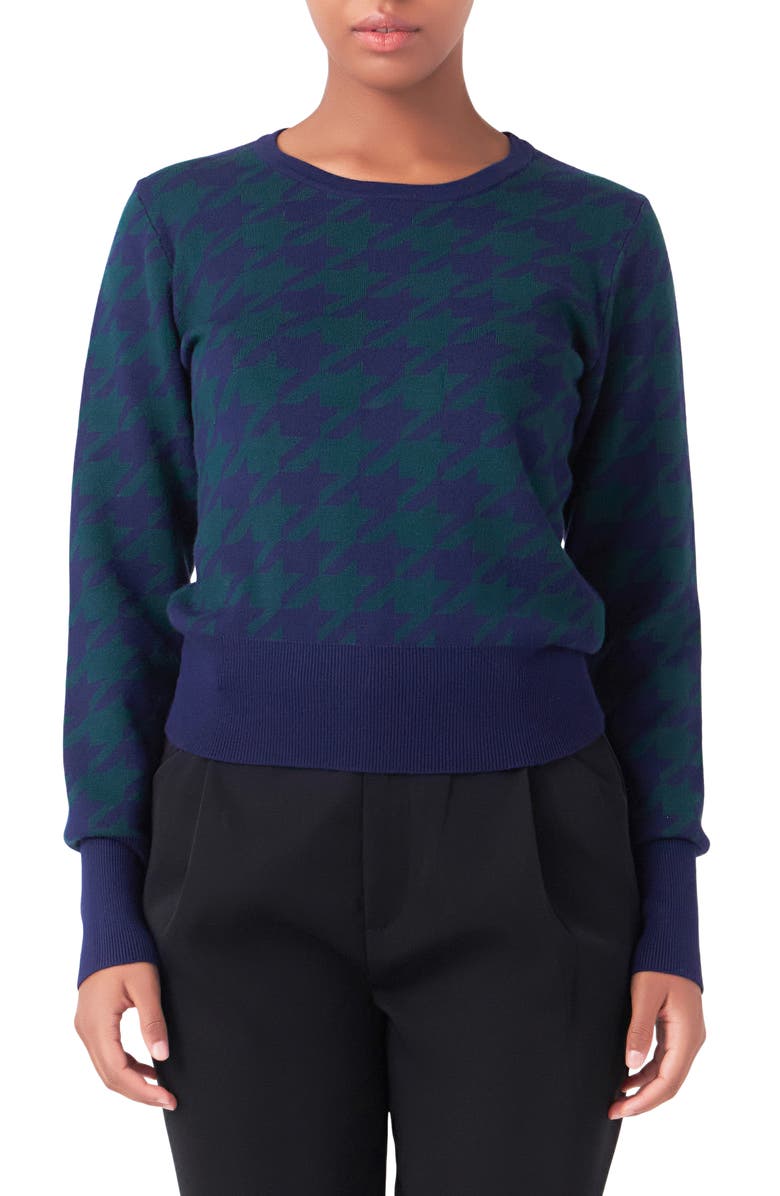 Endless Rose Houndstooth Sweater, Main, color, Green/Navy