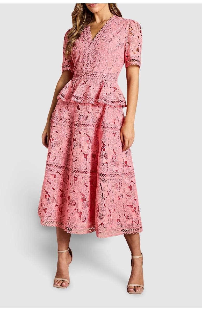 Coast V Neck Tiered Lace Midi Dress, Alternate, color, Coral