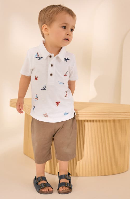 Next Kids' Beach Embroidered Cotton Polo & Knit Shorts Set In White/khaki