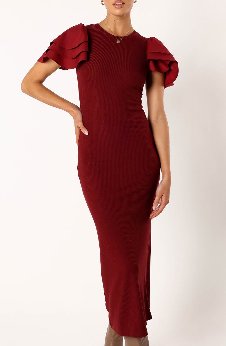 Petal & Pup Cally Ruffle Sleeve Body-Con Sweater Dress, Alternate, color, Wine