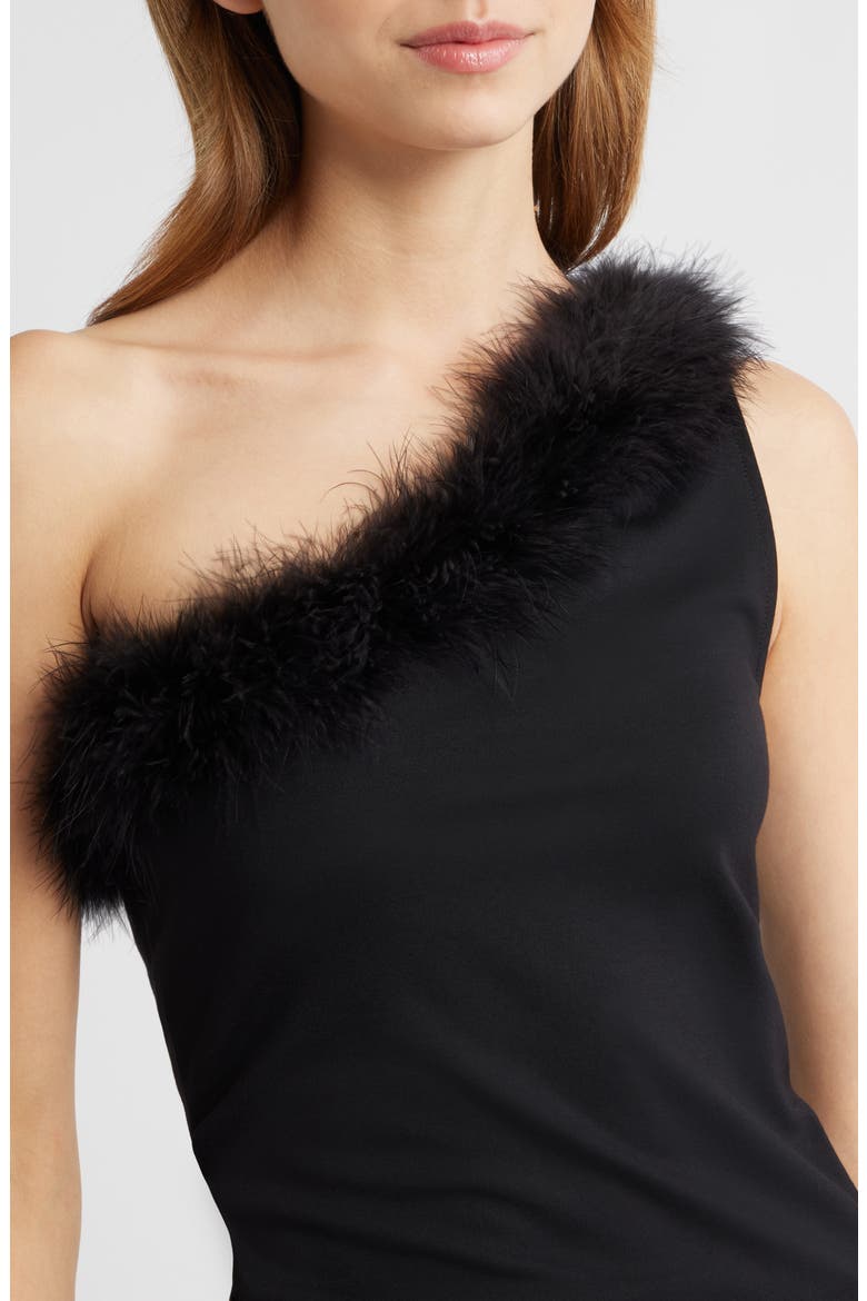 Xplumi Feather Trim One-Shoulder Top, Alternate, color, BLACK