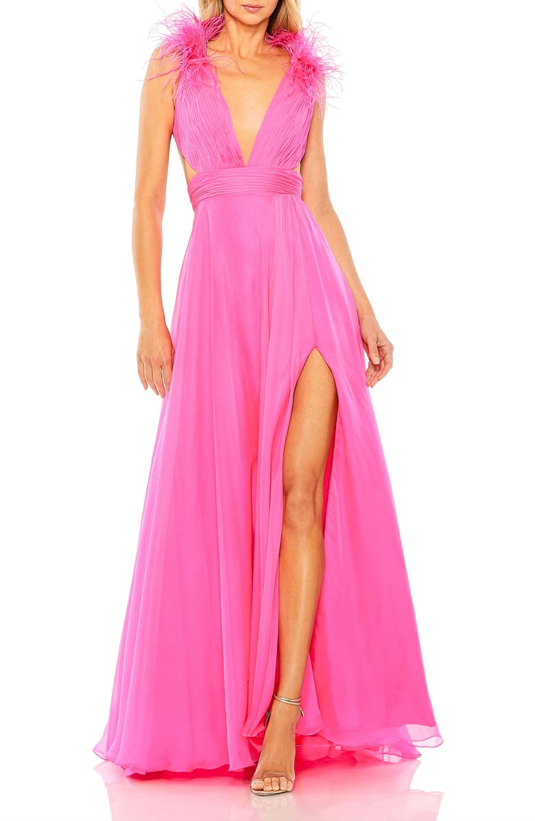 Mac Duggal Feathered Collar A-Line Gown, Main, color, Hot Pink