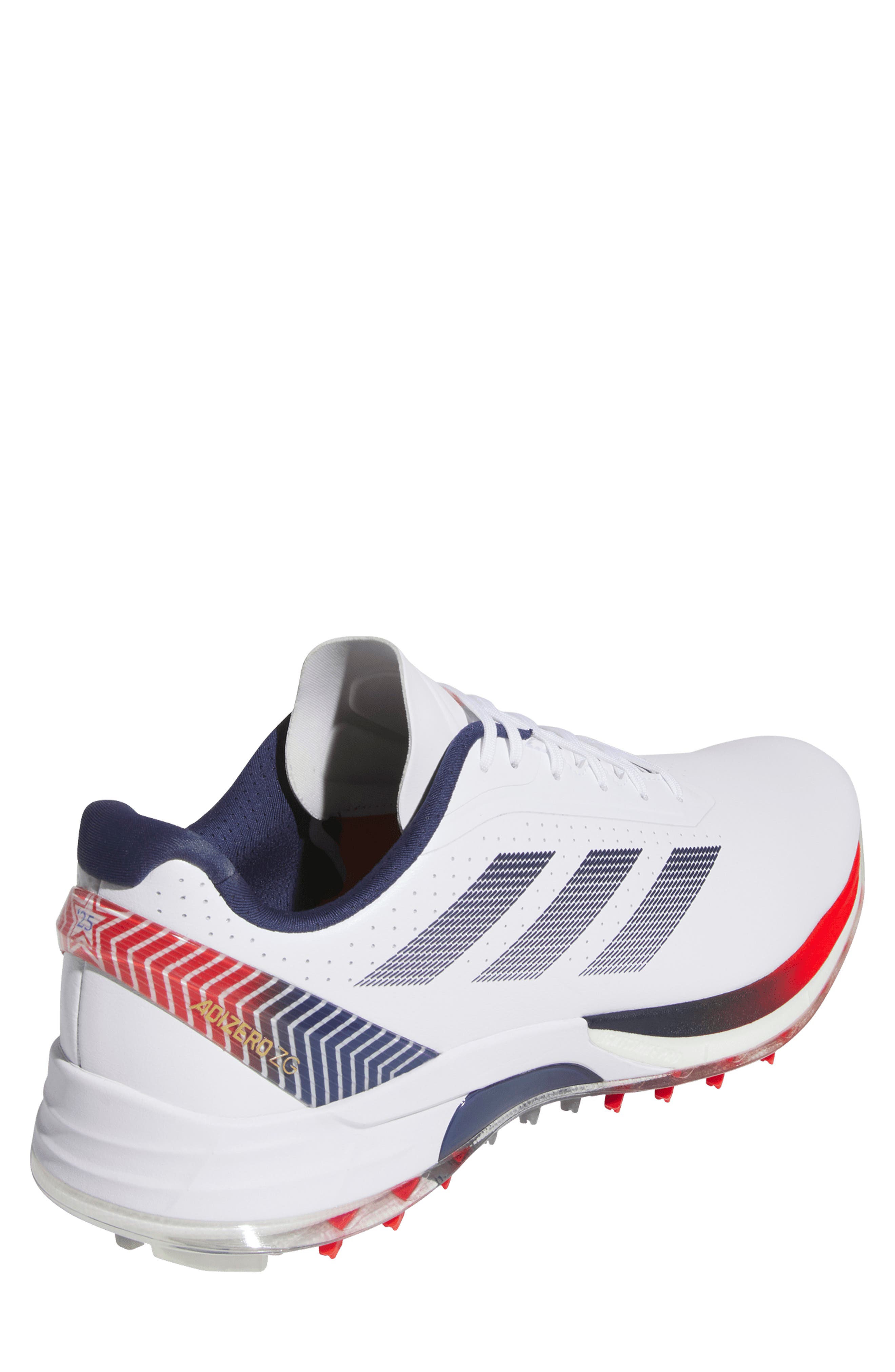Adizero ZG Waterproof Golf Shoe, Alternate, color, WHITE/ DARK BLUE/ RED