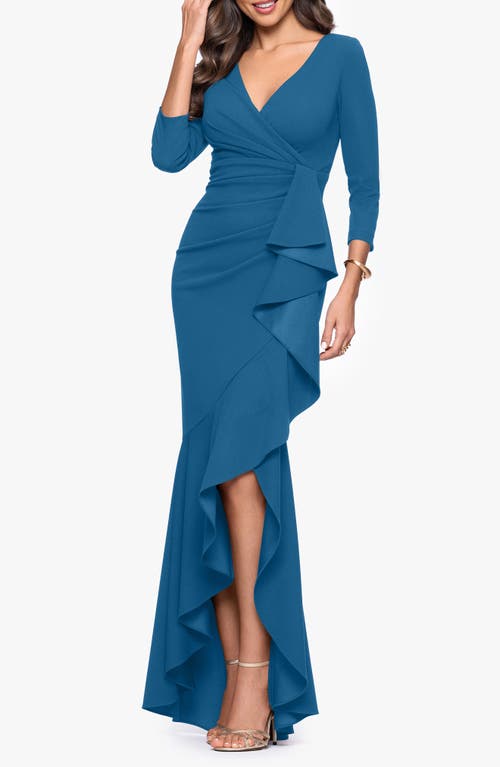 Betsy & Adam Ruffle Scuba Crepe Faux Wrap High-low Mermaid Gown In Blue