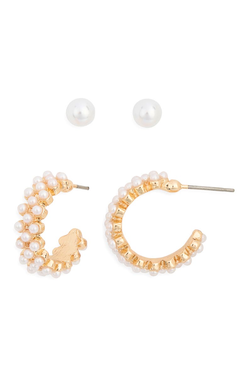 Ettika Set of 2 Faux Pearl & Hoop Earrings, Main, color, Gold