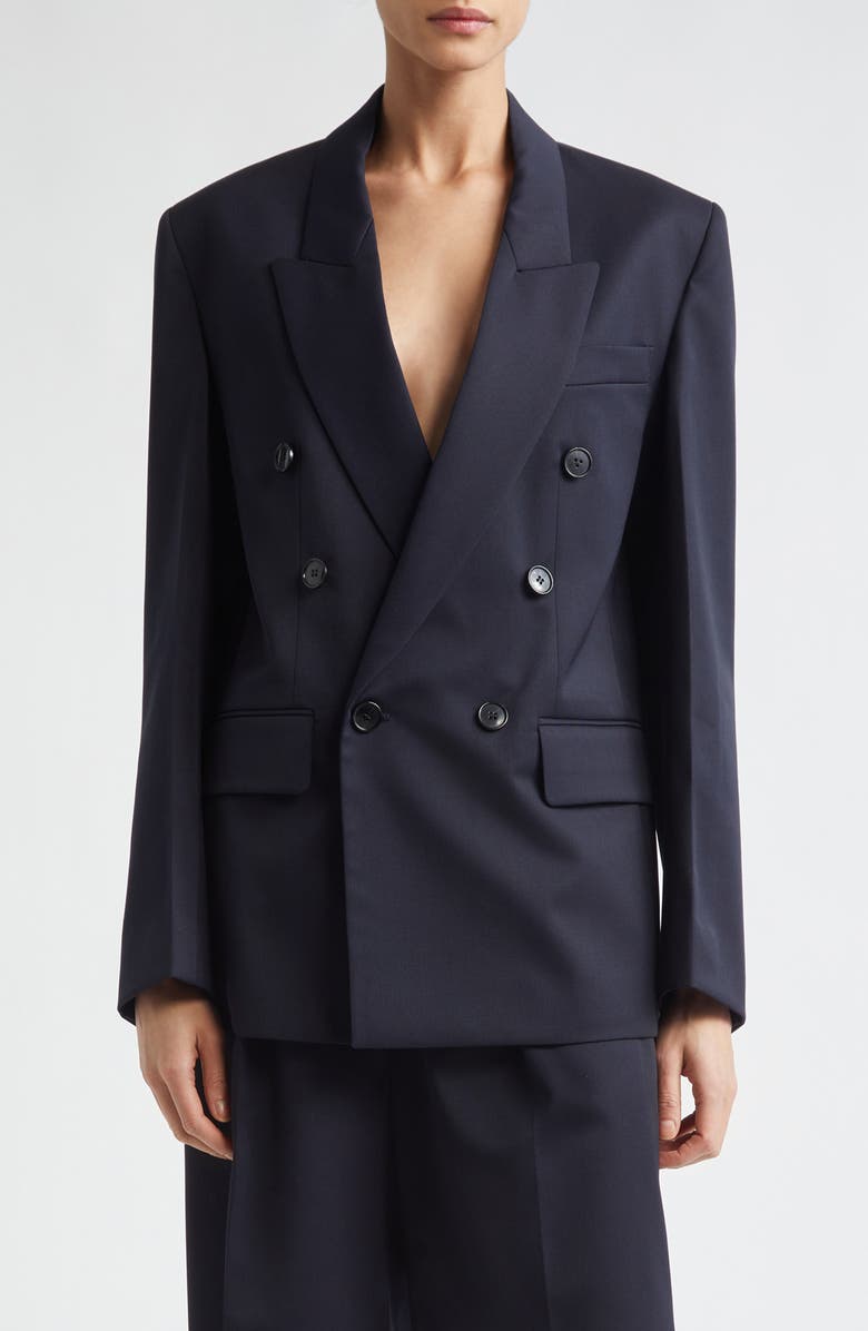 Victoria Beckham Tailored Double Breasted Check Wool Blend Jacket, Main, color, Navy