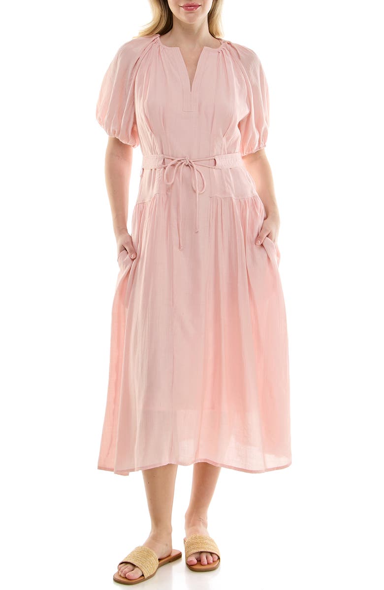 Nicole Miller Crinkle Puff Sleeve Mid Dress, Main, color, Peek-A-Boo