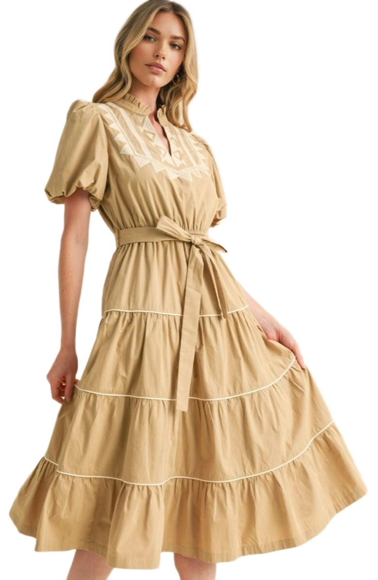 Knit and Lounge Embroidered Tiered Puff-Sleeve Tie-Waist Midi Dress, Main, color, 