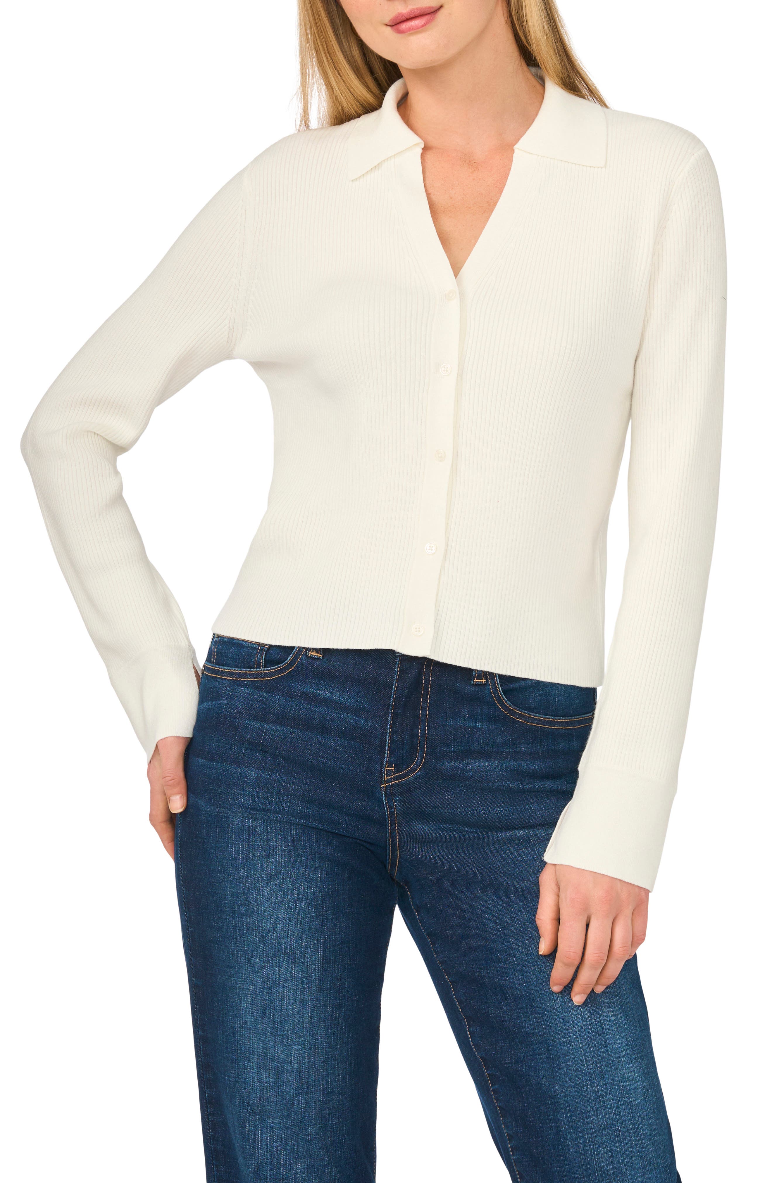 Parker Collared Rib Cardigan In Ivory Crme