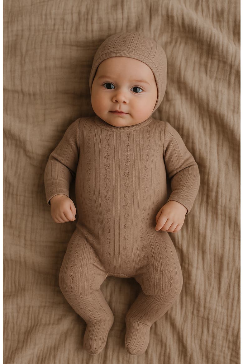 Pointelle Cotton Blend Footie & Beanie Set, Alternate, color, SAND