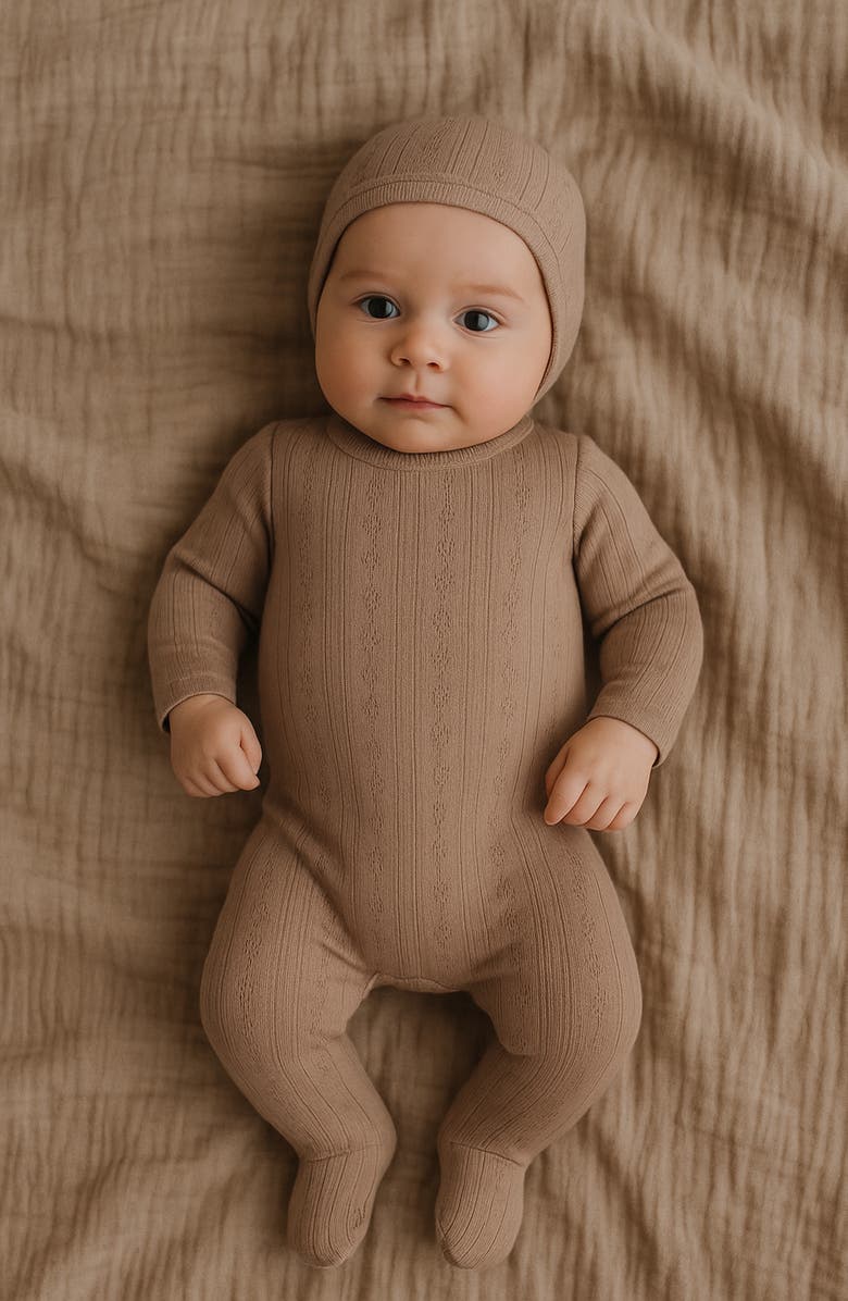 Manière Pointelle Cotton Blend Footie & Beanie Set, Alternate, color, Sand