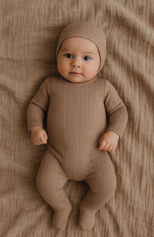 Maniere Manière Pointelle Cotton Blend Footie & Beanie Set In Brown