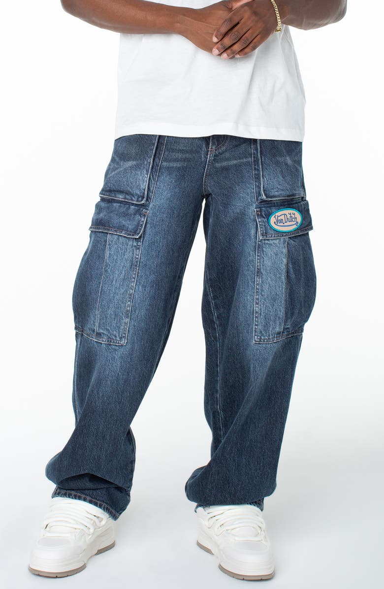 Von Dutch Outlaws Baggy Cargo Pocket Jeans, Main, color, Middle Moon