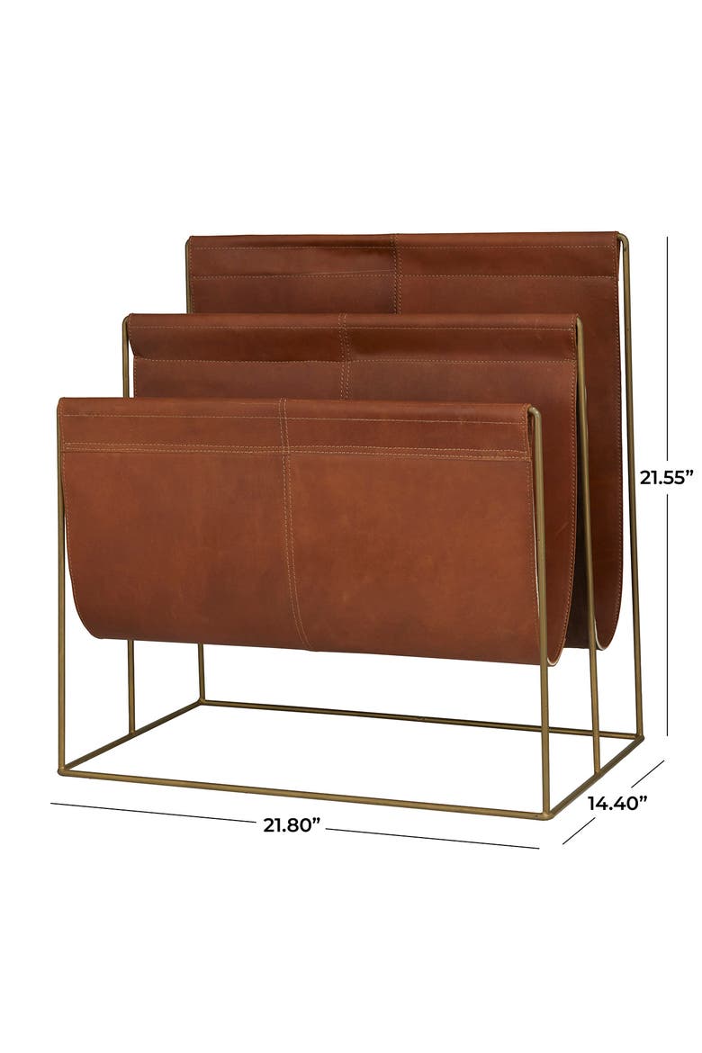 Brown Leather 3-Slot Magazine Holder with Metal Stand, Alternate, color, RED