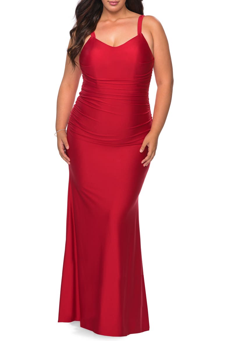 Long Ruched Plus Size Jersey Dress, Main, color, RED