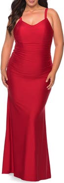 La Femme Long Ruched Plus Size Jersey Dress
