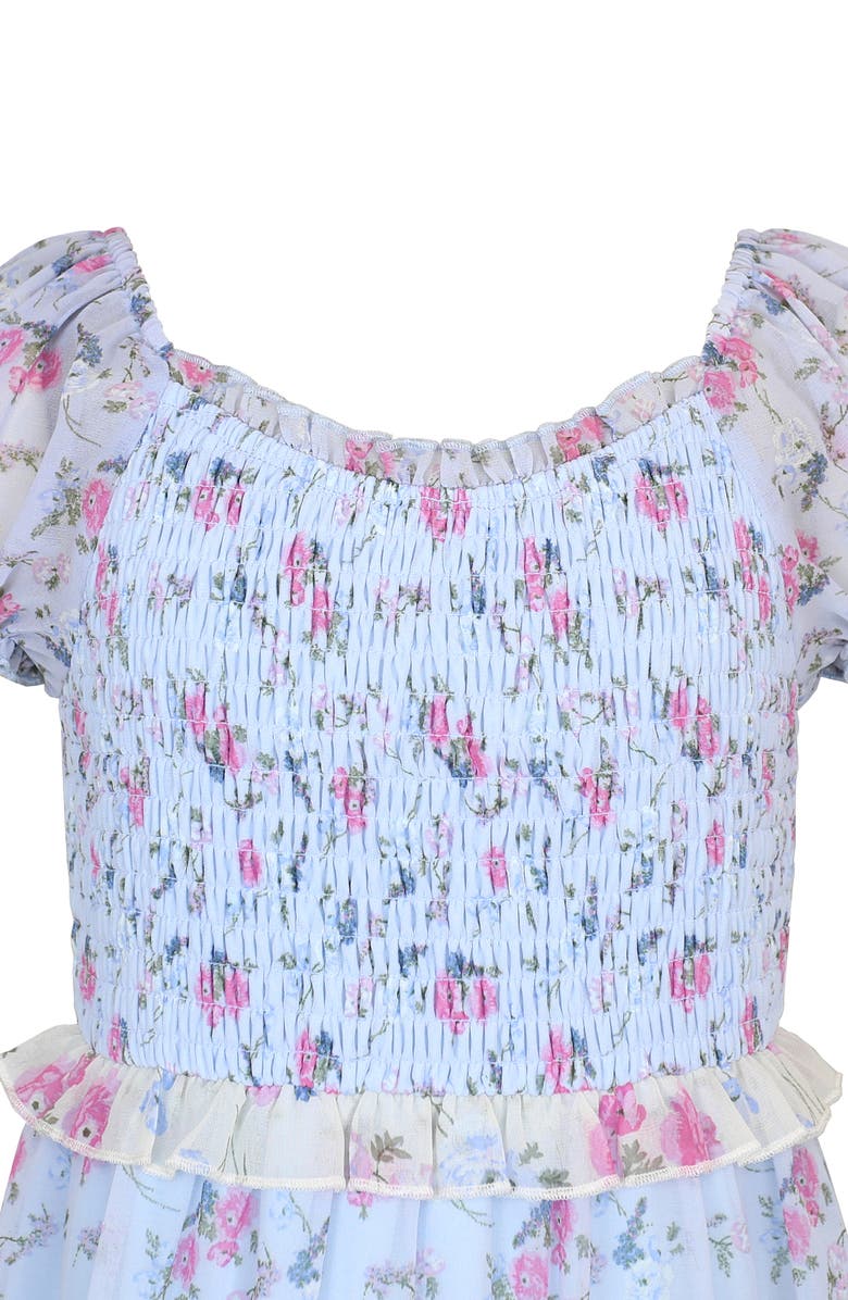 Zunie Kids' Floral Ruffle Tiered Dress, Alternate, color, Blue Multi