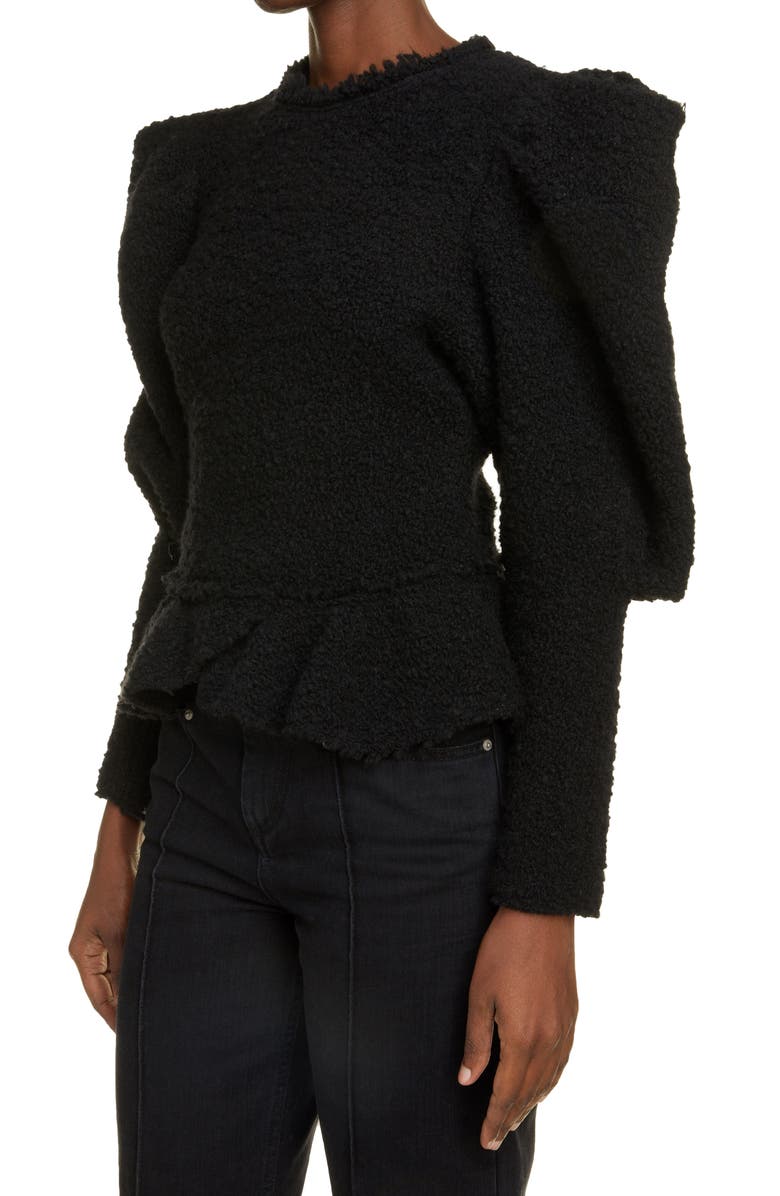 Isabel Marant Giamili Leg of Mutton Sleeve Bouclé Tweed Peplum Top, Alternate, color, 