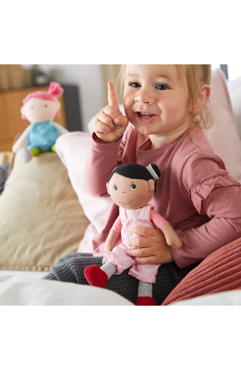 HABA Snug Up Doll Rumbi - 10" Soft Doll with Black Hair and Pink Overalls - Machine Washable for 18 Months and Up, Alternate, color, Multi