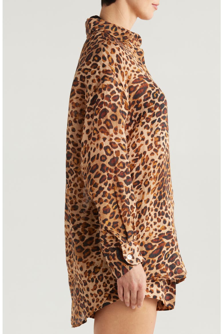 Playa Oversize Linen Cover-Up Shirt, Alternate, color, LUXE LEOPARD