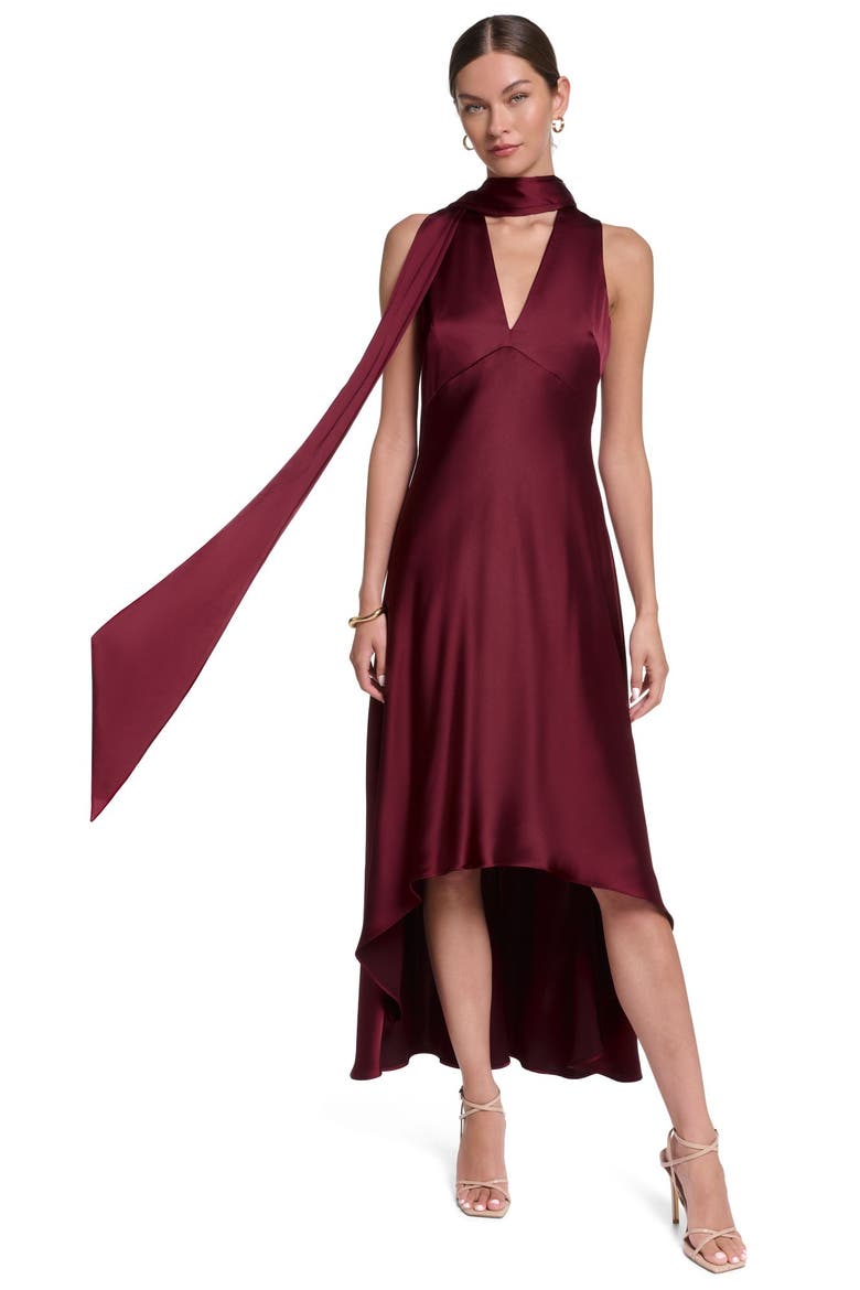Sleeveless Satin V-Neck Scarf Dress, Alternate, color, Garnet Glow