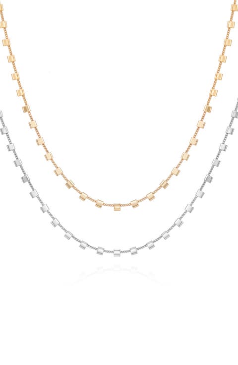 Set of 2 Two-Tone Square Station Chain Necklaces