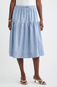 Caslon® Striped Drop Waist Poplin Midi Skirt