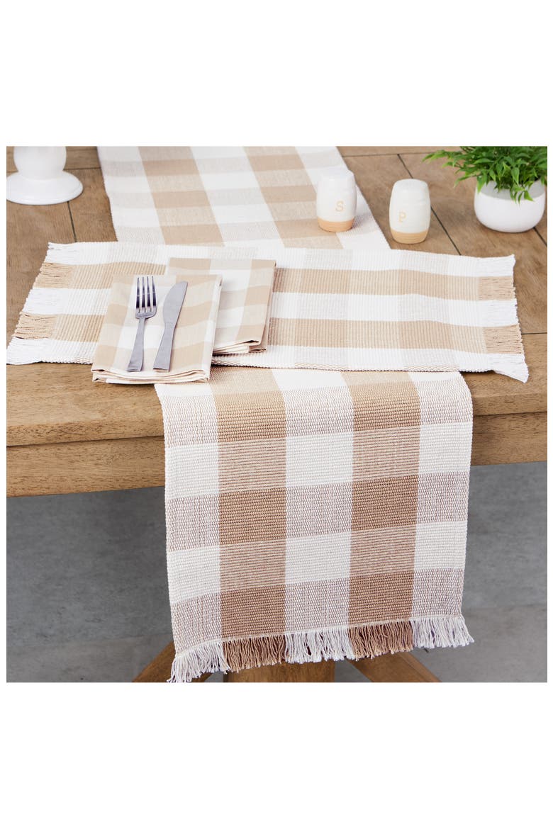 Checkered Fringe Cotton Table Runner, Alternate, color, BROWN