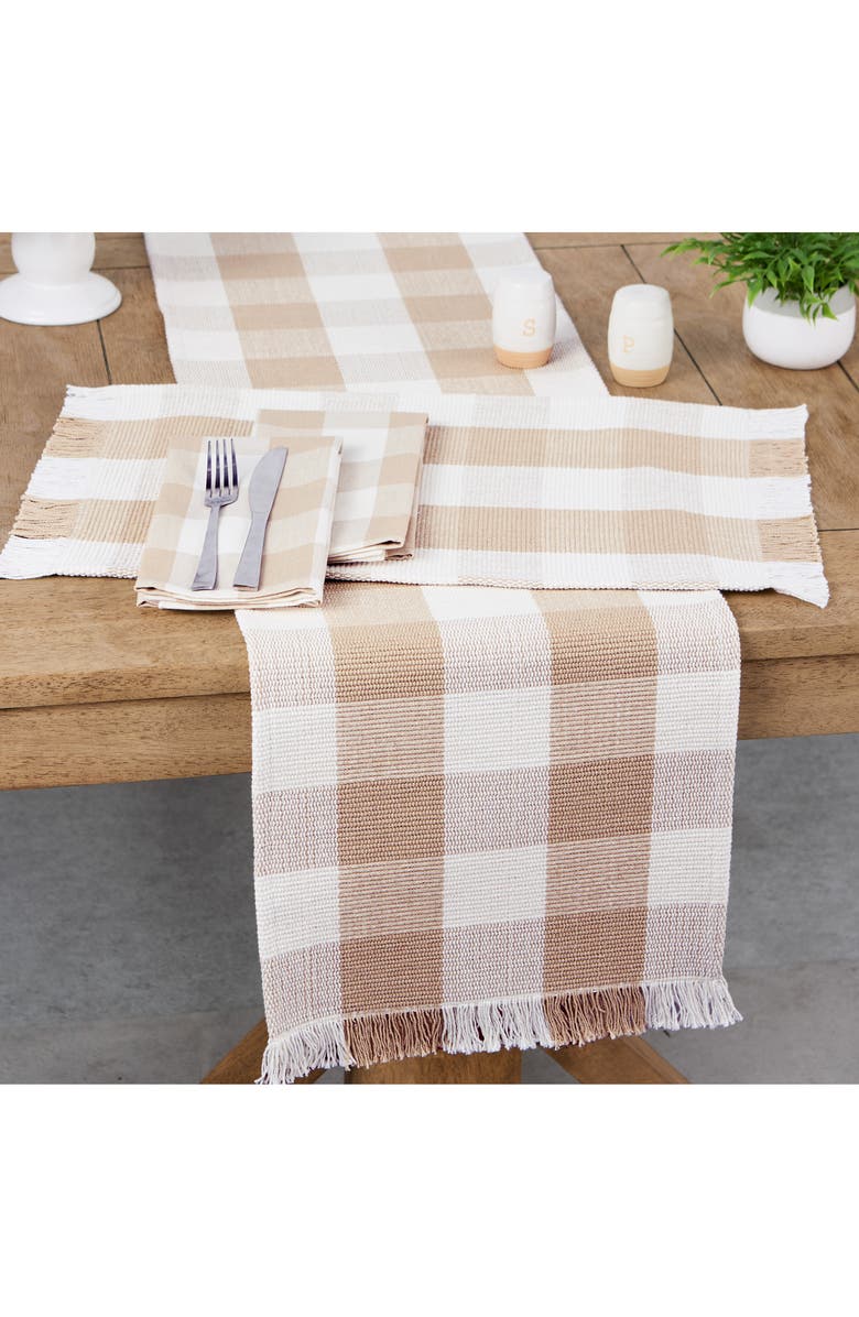 Design Imports Checkered Fringe Cotton Table Runner, Alternate, color, Brown