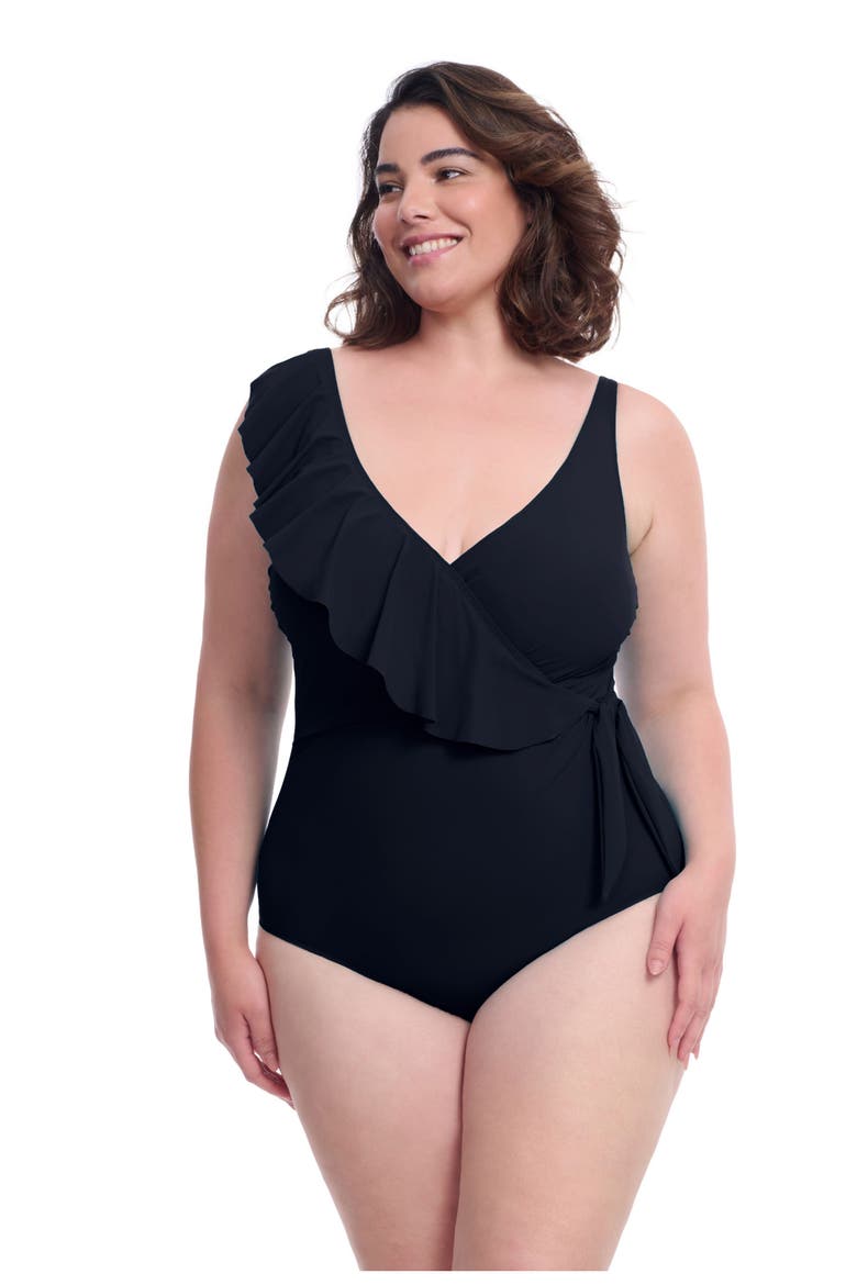 Tutti Frutti Plus Size Ruffle Surplice One Piece, Main, color, Black
