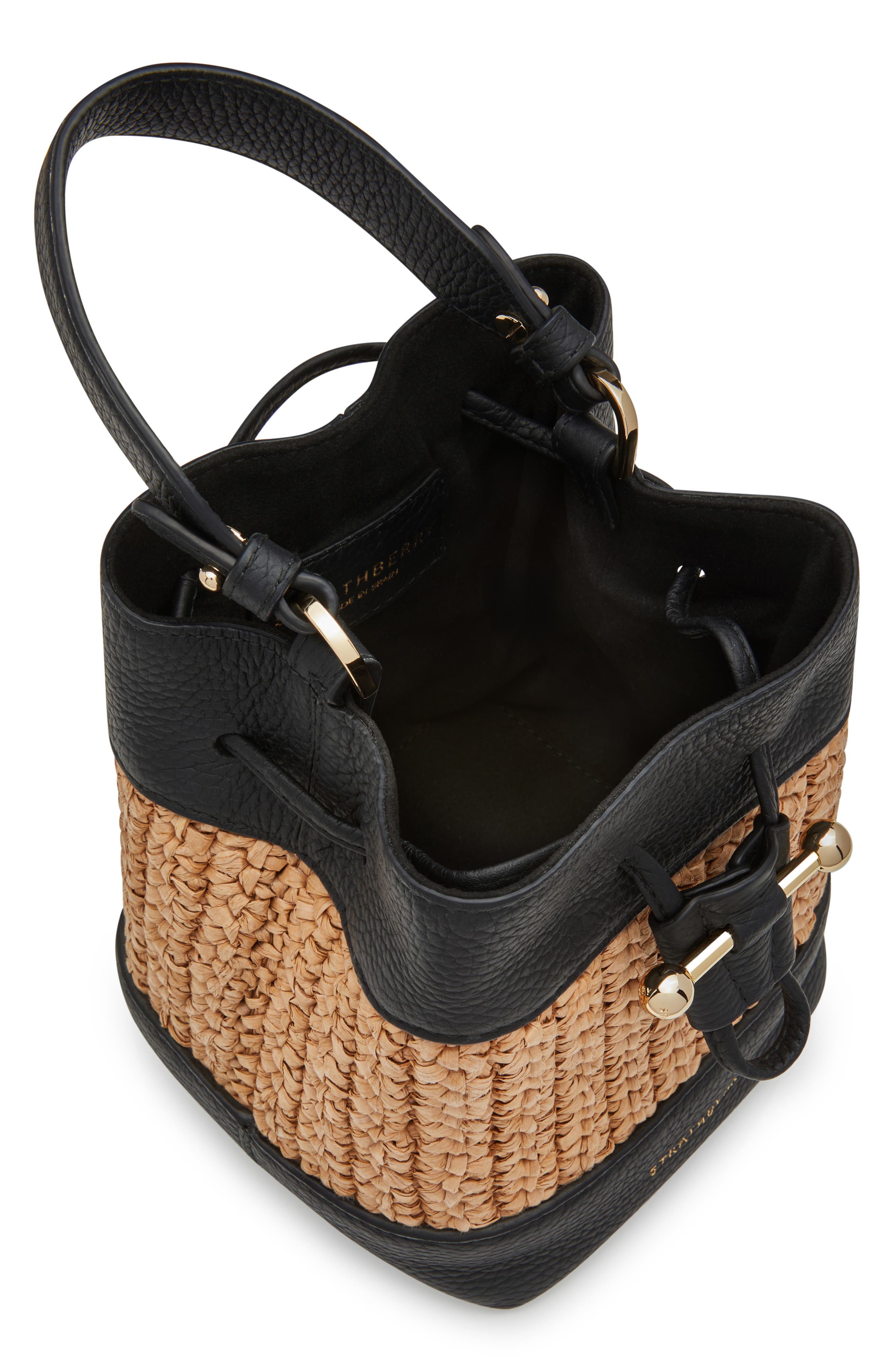 Strathberry Lana Osette Raffia & Leather Bucket Bag, Alternate, color, Black