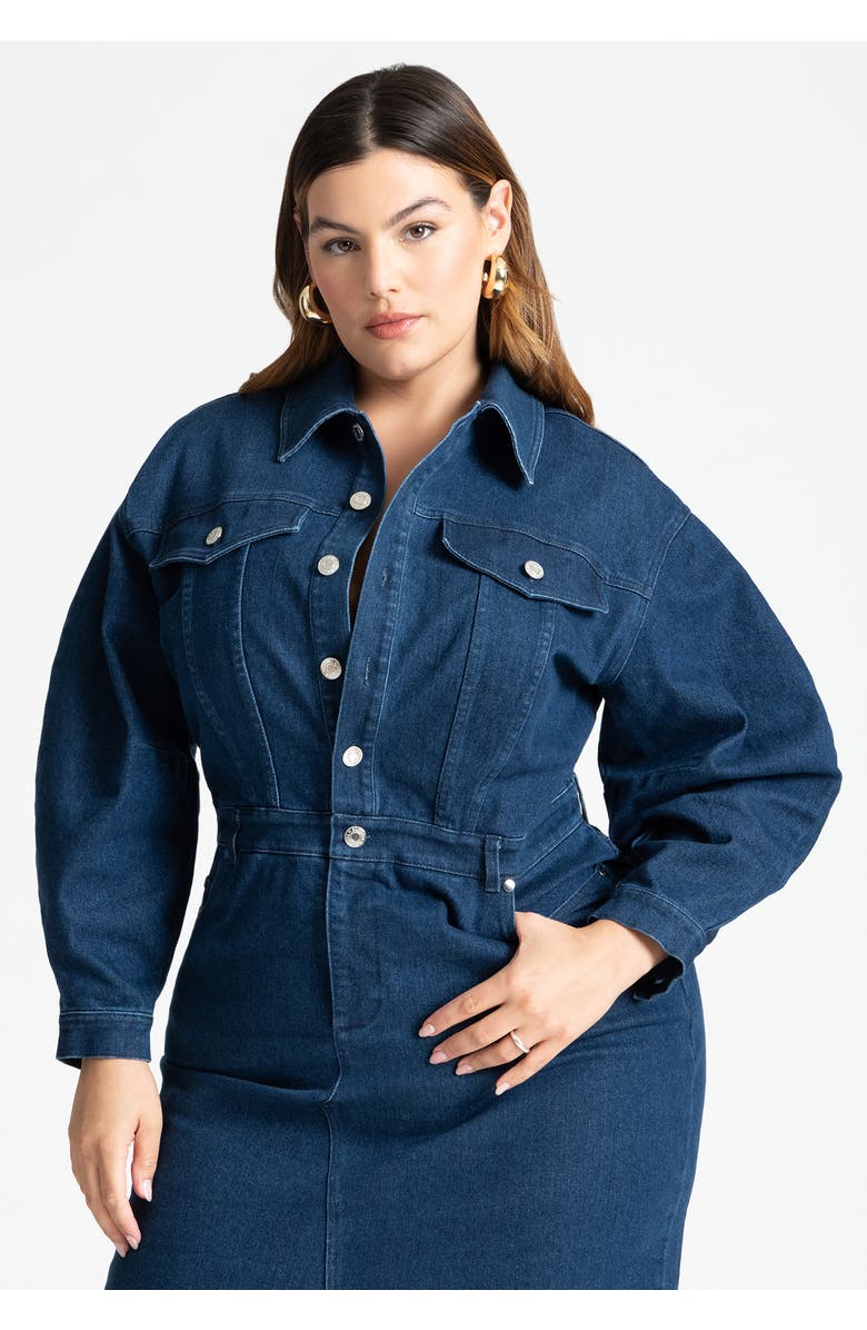 ELOQUII Oversized Denim Midi Dress, Alternate, color, Medium Wash