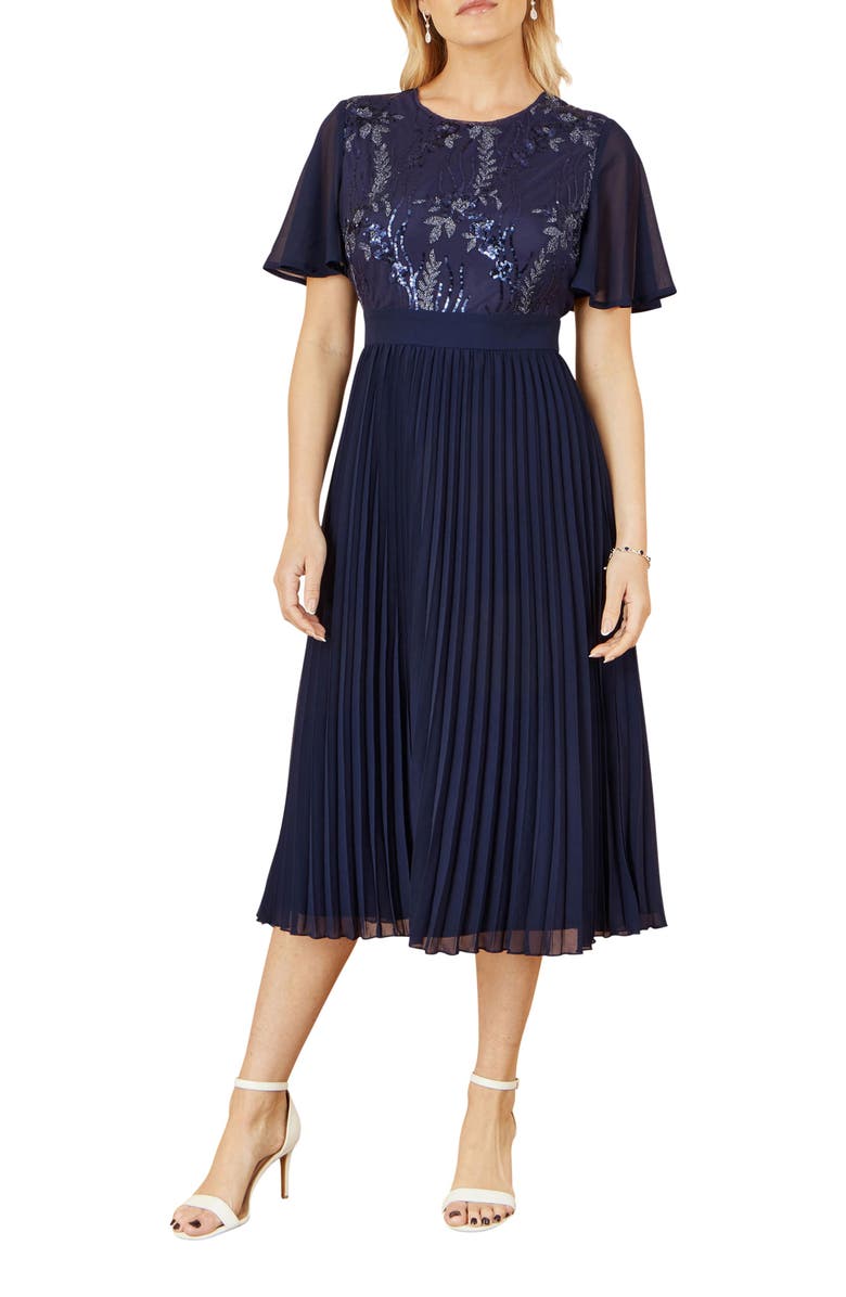 Yumi Sequin Embellished Pleated Midi Dress, Alternate, color, Navy