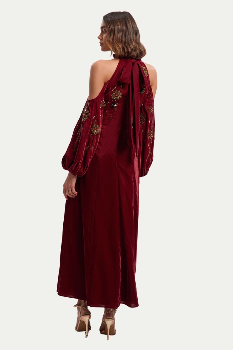 Velvet Embroidered High Neck Maxi Dress, Alternate, color, Rust